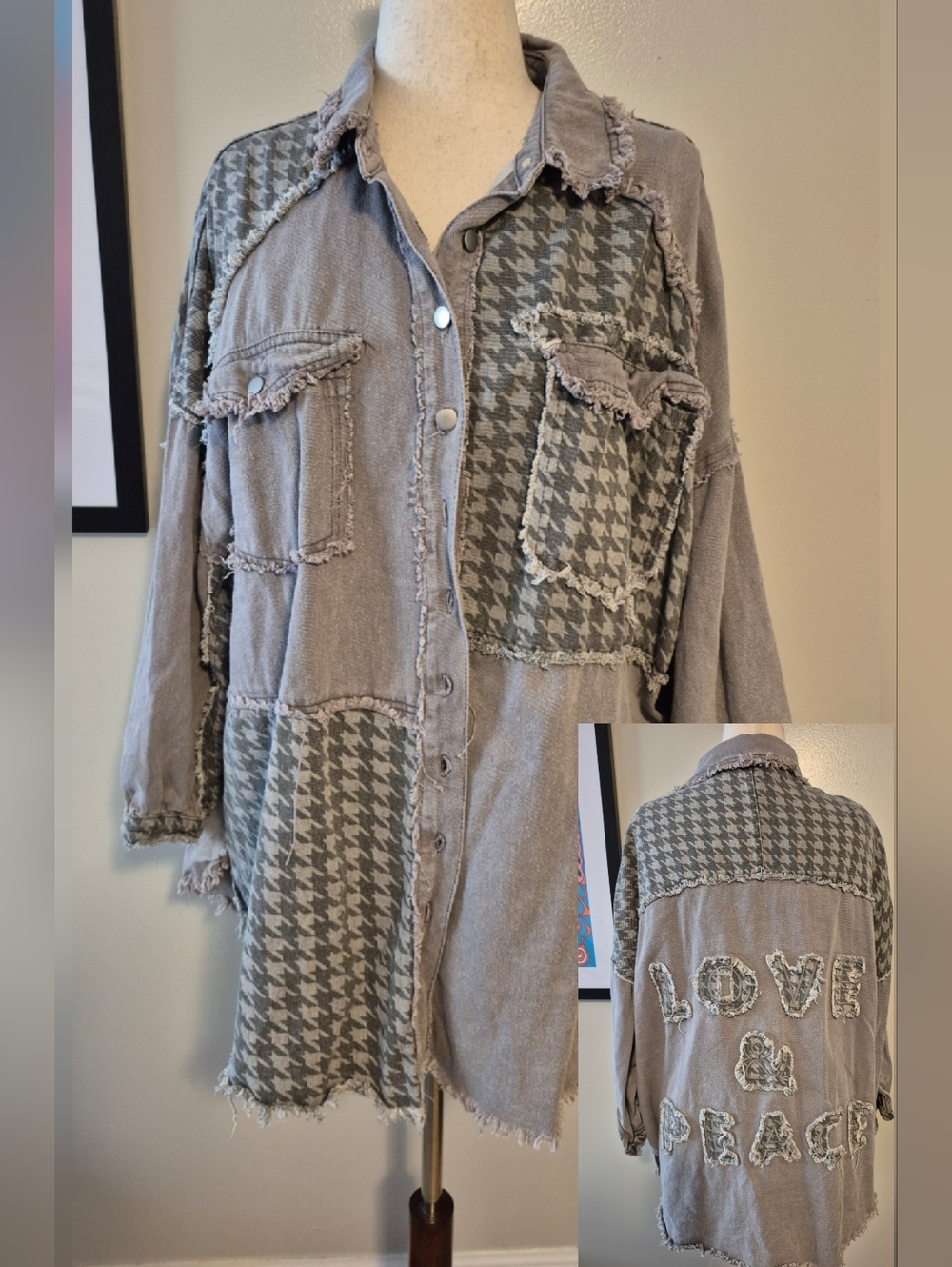Pol L Women’s Gray Distressed Houndstooth Button-Up Jacket - Love & Peace Detail